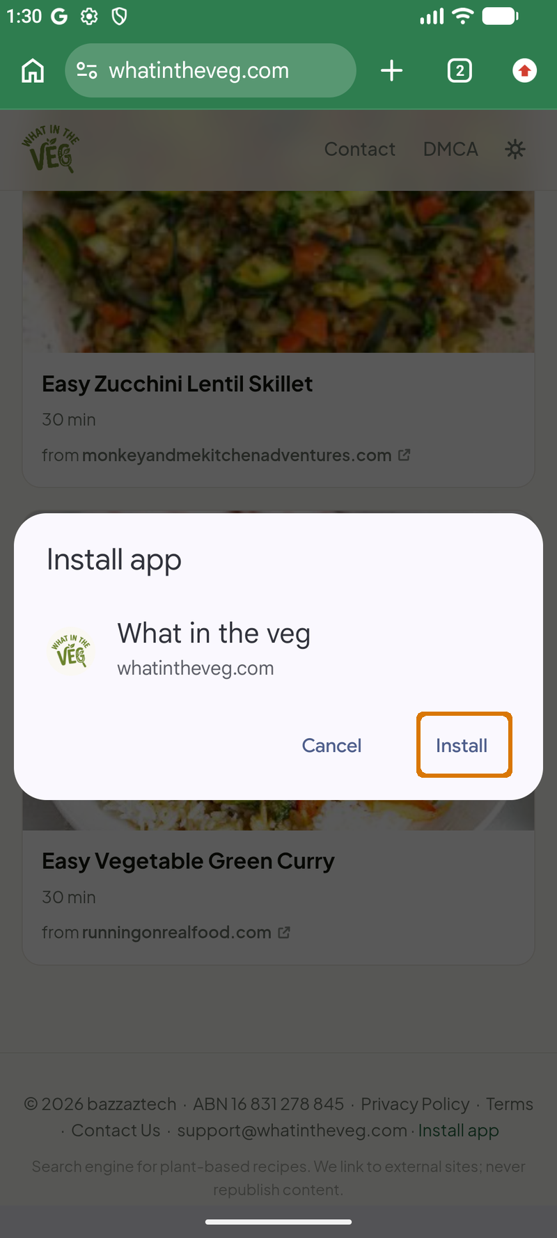 Install dialog with the Install button highlighted