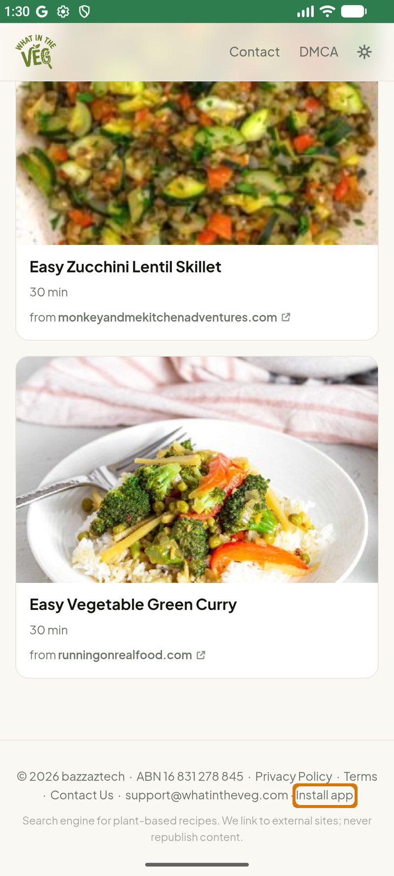 Install app link highlighted in the page footer