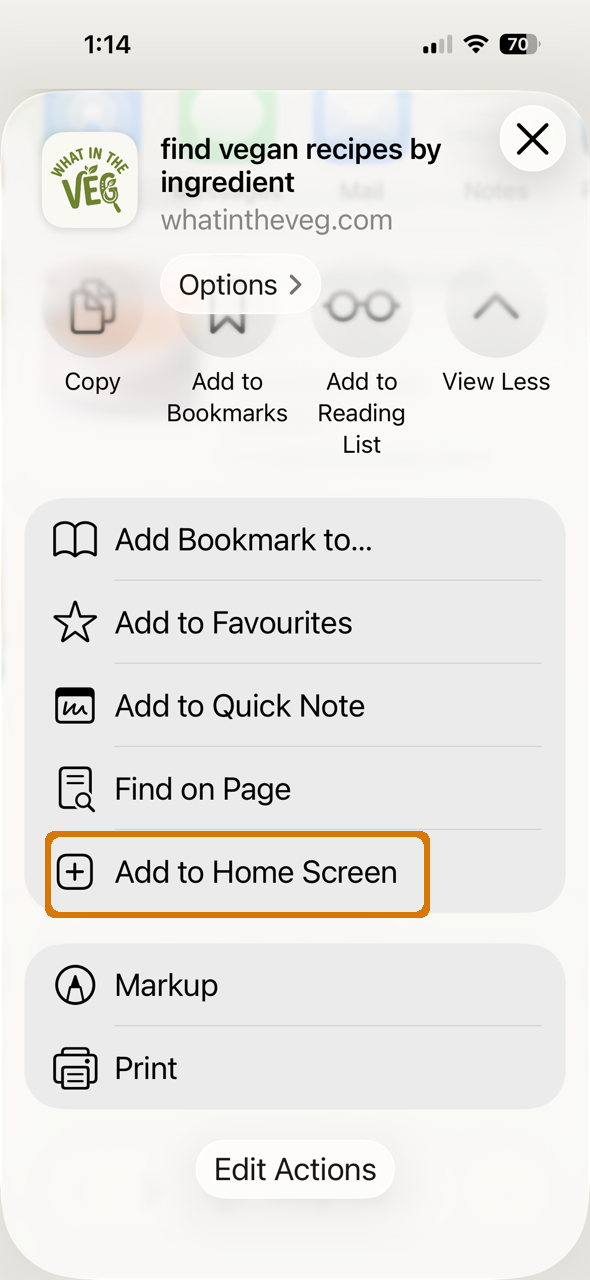 iOS share sheet with Add to Home Screen highlighted