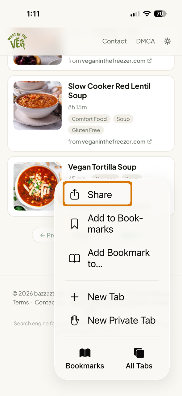 iOS Safari menu with Share highlighted